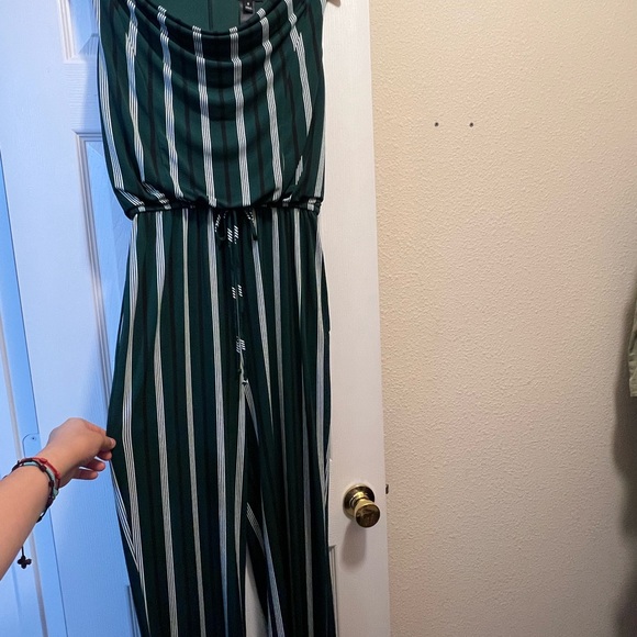 Enfocus Studio Dark Green and White Striped Jumpsuit - Picture 1 of 4